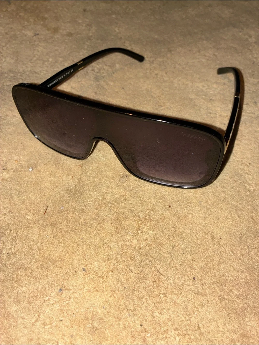 Burberry Black Shield Sunglasses with Check-Pattern Gold Temples